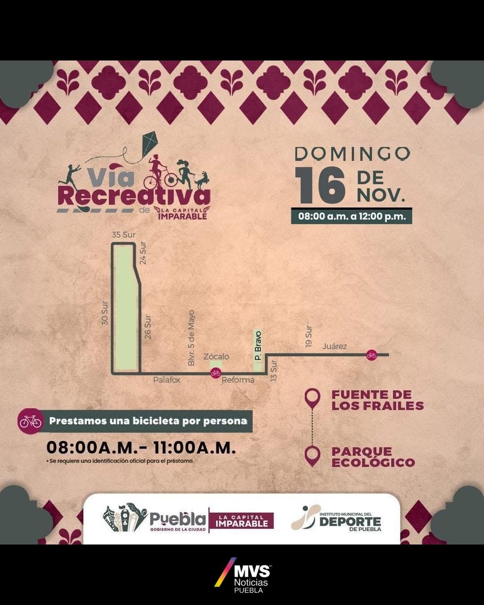 ¡Vía Recreativa este domingo! 🌞🚴‍♀️ Disfruta la ciudad en bici. Recuerda que el préstamo de las bicicletas se otorga con la INE y un número de contacto.