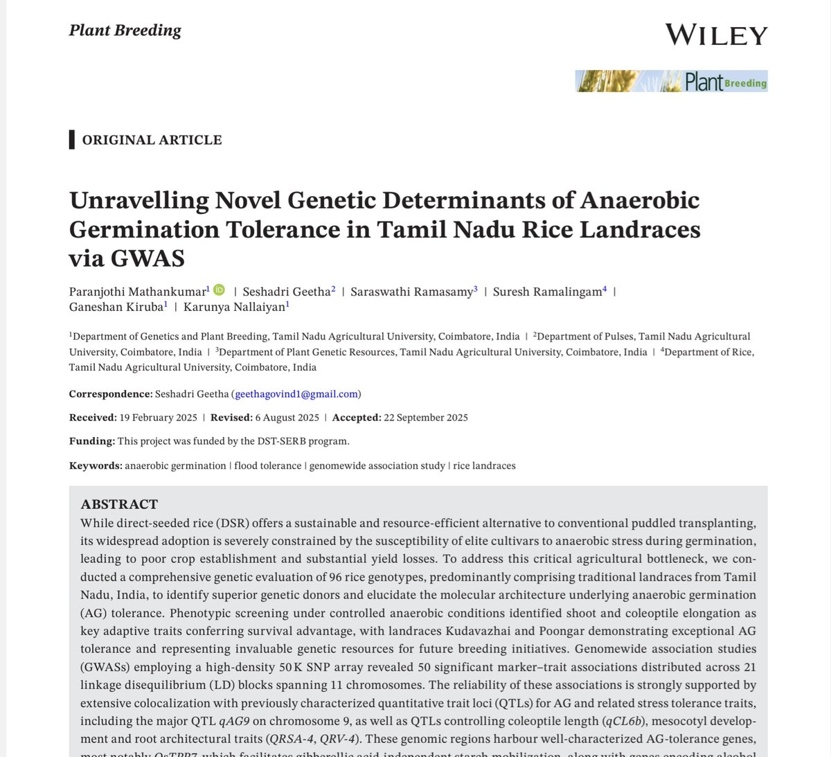 Mathangpb's tweet image. New publication alert! 🌾
We report novel AG-tolerance genes in Tamil Nadu rice landraces using GWAS, boosting efforts for resilient rice varieties.

#plantbreeding
#RICE 
#Genetics