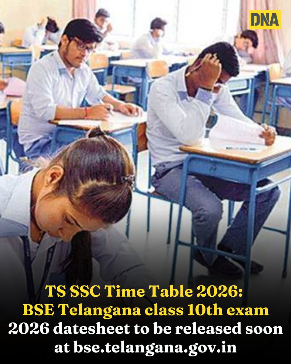 dna's tweet photo. TS SSC Time Table 2026: BSE Telangana class 10th exam 2026 datesheet to be released soon at https://t.co/FvWhdRoQ9s
Read here:https://t.co/iLAEoX0bz2
#TSSSC #TimeTable2026 #Exam #DNAUpdates https://t.co/y52goItouX