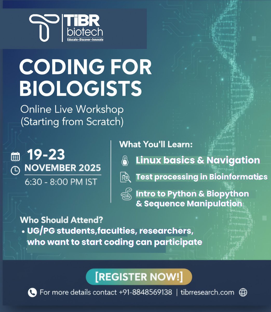 DrNobleKKurian's tweet image. Join our 4-Day Basic Command Line for Bioinformatics Course is your perfect starting point!
Limited seats available! 
Register here lnkd.in/g8F_EbNj
#bioinformatics #workshop #commandline #coding #tibrbiotech