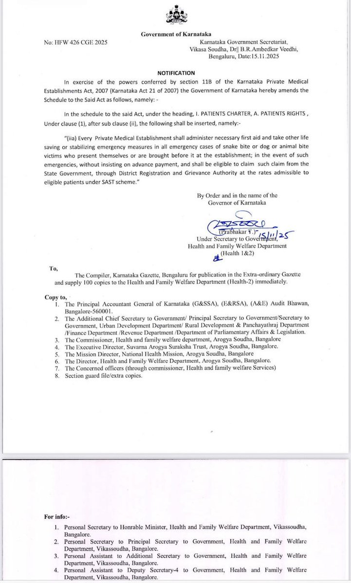 dineshgrao's tweet image. ನಮ್ಮ‌ ದೇಶದ ಸರ್ವೋಚ್ಚ ನ್ಯಾಯಾಲಯವು, ನಾಯಿ ಕಡಿತಕ್ಕೆ ಚಿಕಿತ್ಸೆ ನೀಡುವ ಬಗ್ಗೆ ಸರ್ಕಾರಿ- ಖಾಸಗಿ ಆಸ್ಪತ್ರೆಗಳು ಅನುಸರಿಸಬೇಕಾದ ಕ್ರಮಗಳಿಗೆ ಸಂಬಂಧಿಸಿದಂತೆ ಈ ನಿರ್ದೇಶನಗಳನ್ನು ನೀಡಿದೆ:

* ಎಲ್ಲ ಖಾಸಗಿ ಆಸ್ಪತ್ರೆಗಳಲ್ಲಿ ನಾಯಿ, ಹಾವು/ ಇತರೆ ಪ್ರಾಣಿಗಳ ದಾಳಿ ಪ್ರಕರಣಗಳಲ್ಲಿ ಮುಂಗಡ ಹಣಕ್ಕೆ ಒತ್ತಾಯಿಸದೆ ಚಿಕಿತ್ಸೆ ನೀಡಬೇಕು.

* 2030ರ…