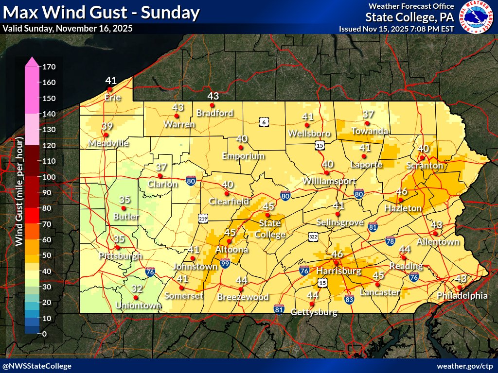 🎩HOLD ONTO YOUR HATS🎩
🌬️Winds will frequently gust 35 to 45+ mph Sunday
⚠️A Wind Advisory is in effect for the eastern 2/3 of PA
🪑Secure outdoor furniture and holiday decorations
🚚Driving could be difficult for high-profile vehicles