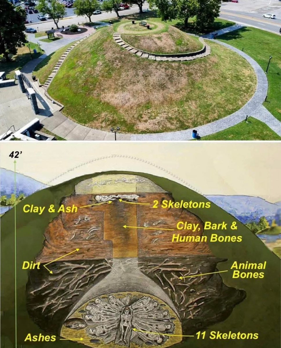 The Criel Mound in West Virginia, constructed between 250–150 BC, contained 13 skeletons, with two near the top and 11 at the base, arranged in a distinctive pattern around a central, larger skeleton... 

The Criel Mound, located in South Charleston, is one of the most