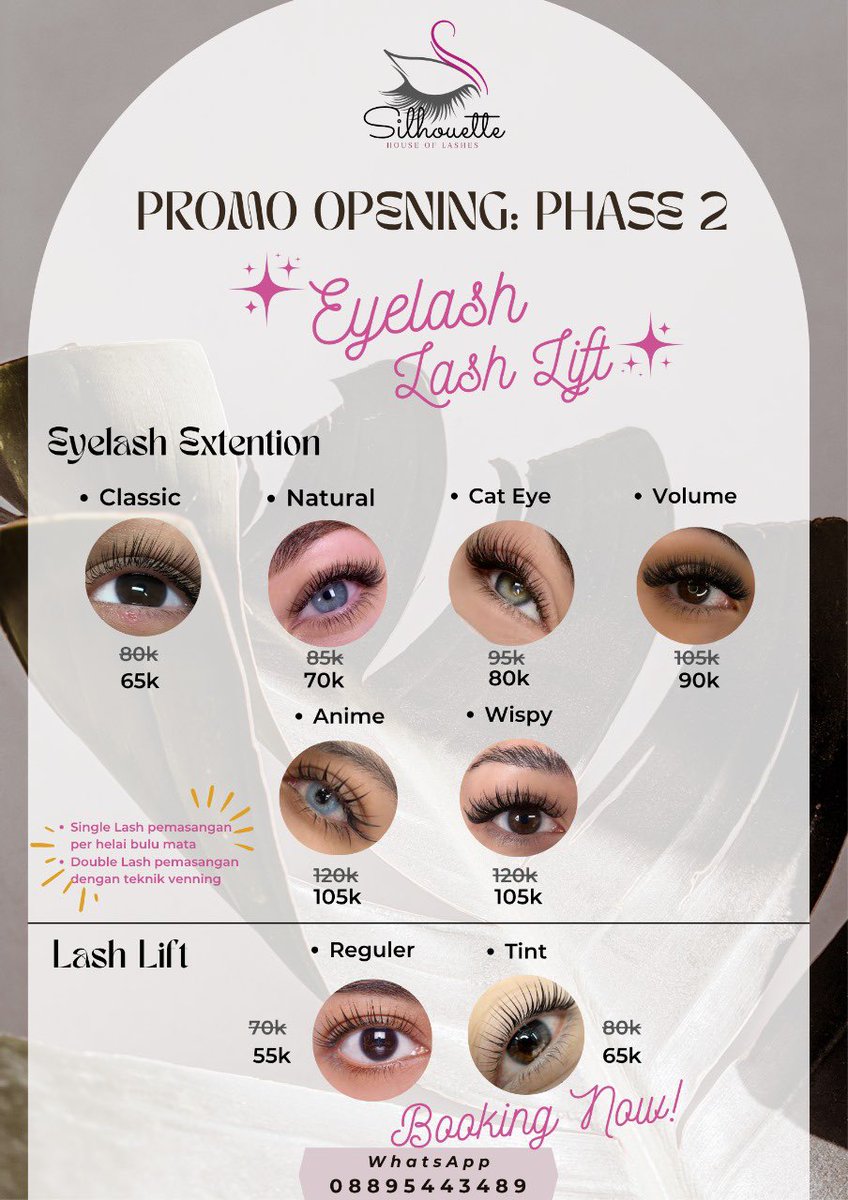 SmgMenfess's tweet image. yuk yg mau jadi cakep matanya, lashes tetep on point 🥰

- Home Service Semarang Raya🏠
- Garansi 2 hari
- Dikerjakan oleh yang pengalaman &amp;amp; bersertifika🏅
- Jaminan puas, tidak puas uang kembali 100%
Book Now :  
@silhouettelash_ 
wa.me/628895443489

• Promo s/d 24 Nov 25