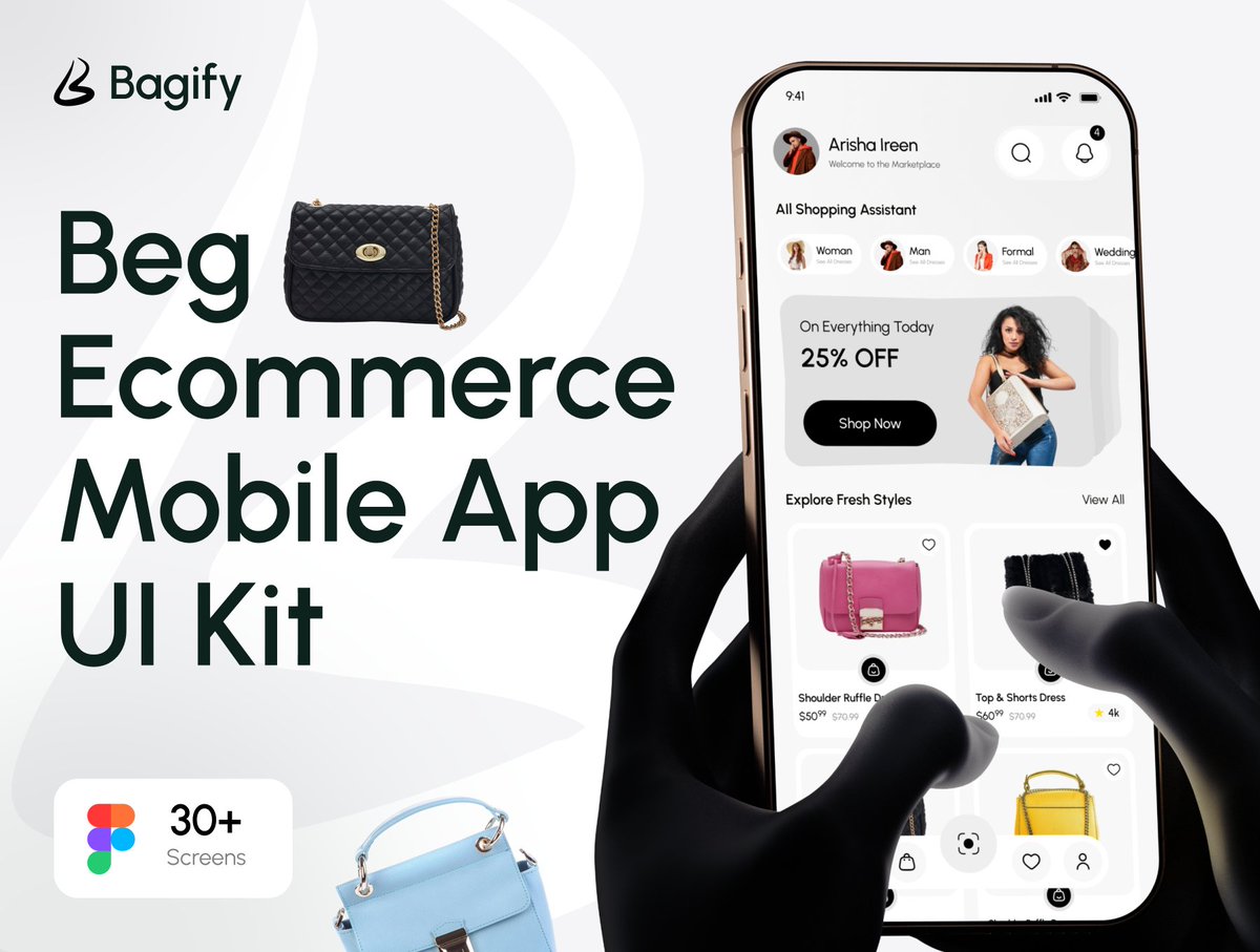 KitifyS40408's tweet image. Just launched: Bagify — Ecommerce Bag Shop App UI Kit
Beautiful mobile UI for bag &amp;amp; accessory stores — product cards, filters, wishlist &amp;amp; fast checkout. Perfect for founders &amp;amp; designers.
🔗 ui8.net/kitify-studio/…

#UIDesign #UIKIT