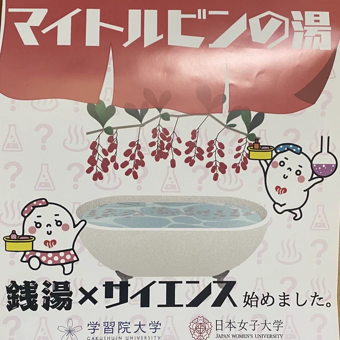 銭湯 × サイエンス!?🧪
本日11/19(水)の薬湯は、『マイトルビンの湯』です♨️
マイトルビンは、学習院大学のミトコンドリア研究から誕生した植物由来の新成分です🧐
お風呂上りもポカポカと暖かく、肌もしっとりする
そんな新しい薬湯を銭湯で体感してみてください✨
15:00より営業スタートです☺️ 