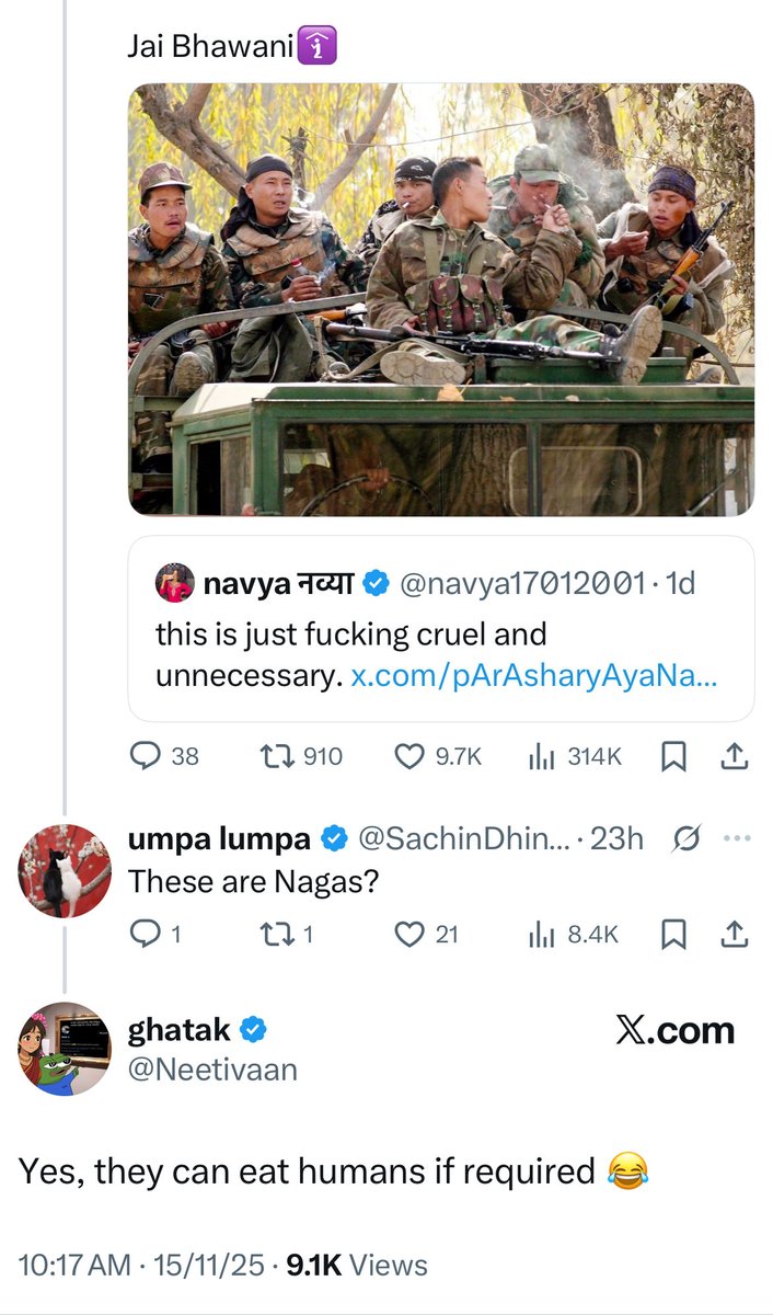 Right, and meanwhile, another so-called nationalist don’t hesitate to make condescending comments about an entire community, #Nagas. Well done.

Incredible india indeed.