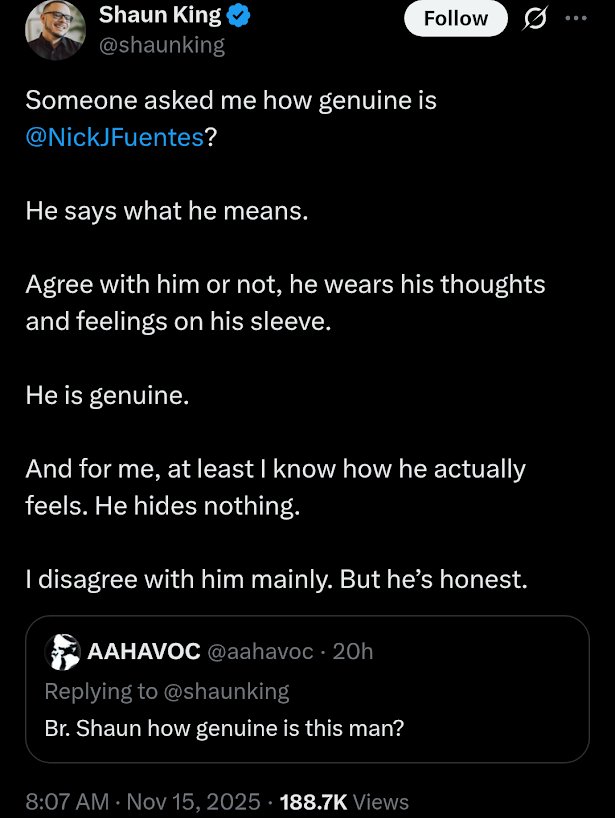 PostLeftWatch's tweet image. Shaun King is now promoting Nick Fuentes.