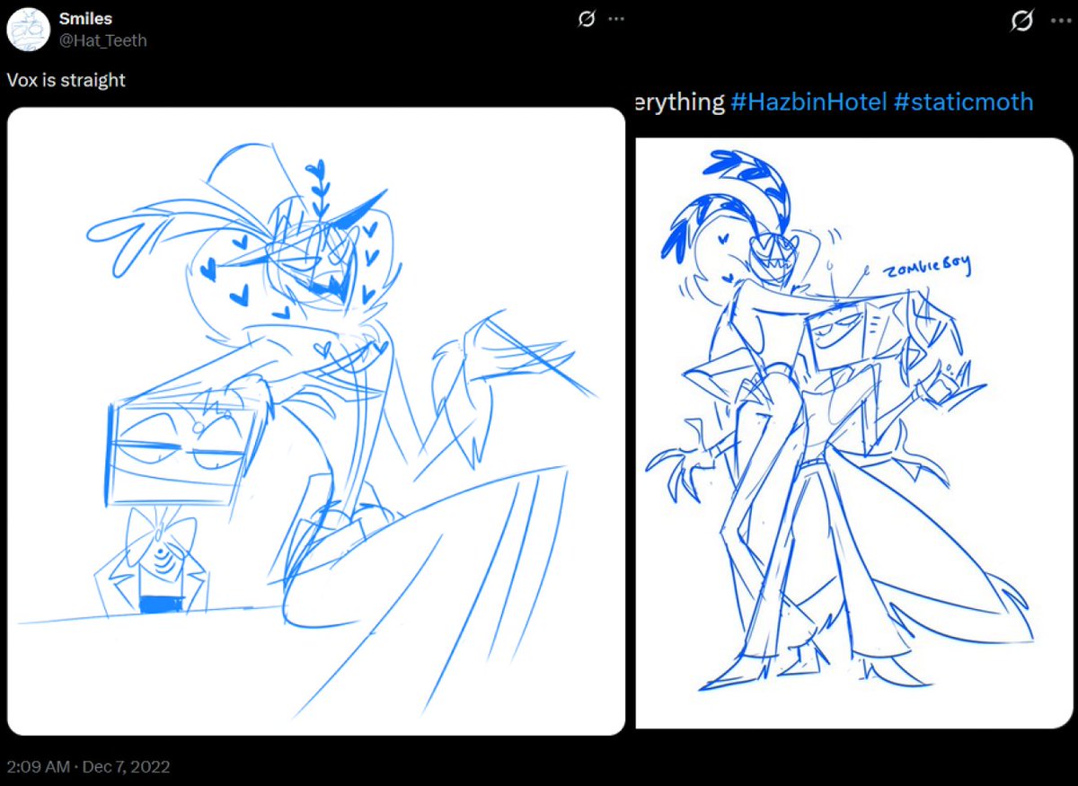 i thought this expression looked familiar and its because  its the specific expression he uses when he looks at Val's ass

(art by @/Hat_Teeth)
#staticmoth