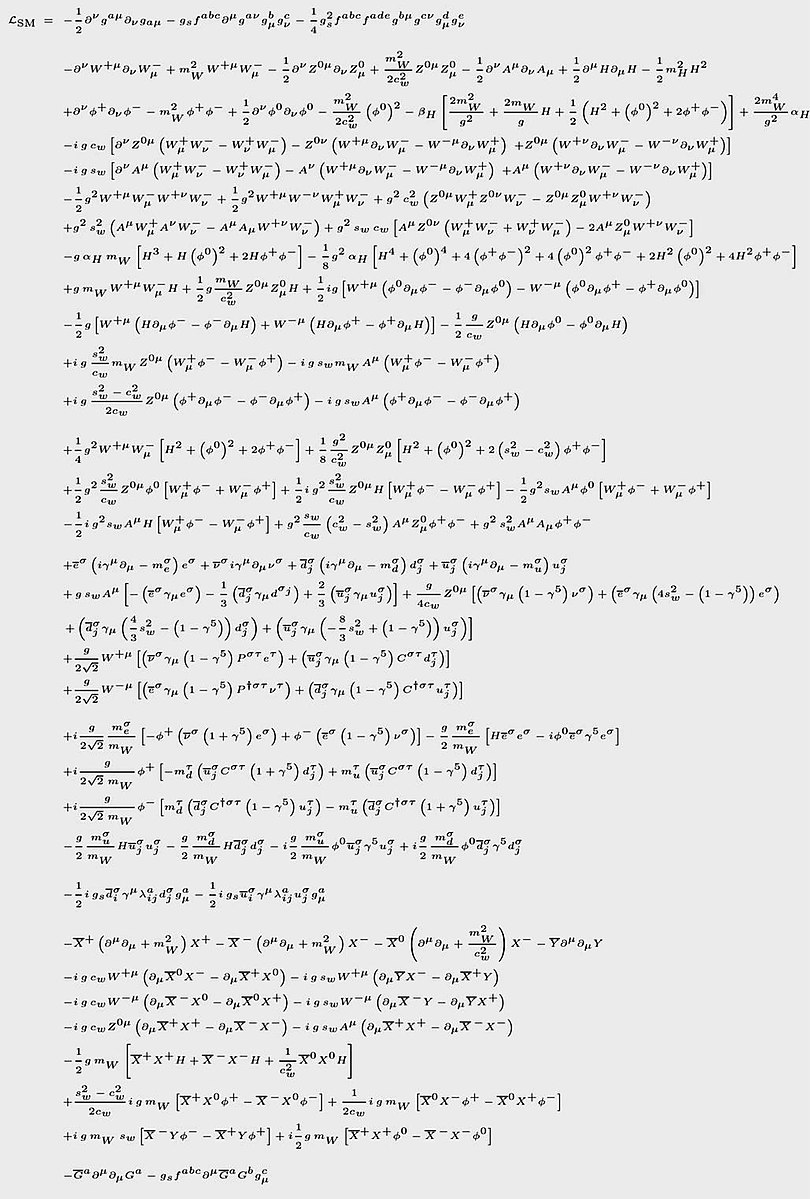 PhysInHistory's tweet image. The Longest Equation in Physics 

The model Lagrangian is a mathematical expression that summarizes the Standard Model of particle physics, which is the most successful theory of the fundamental interactions between elementary particles. It is composed of four different parts,…
