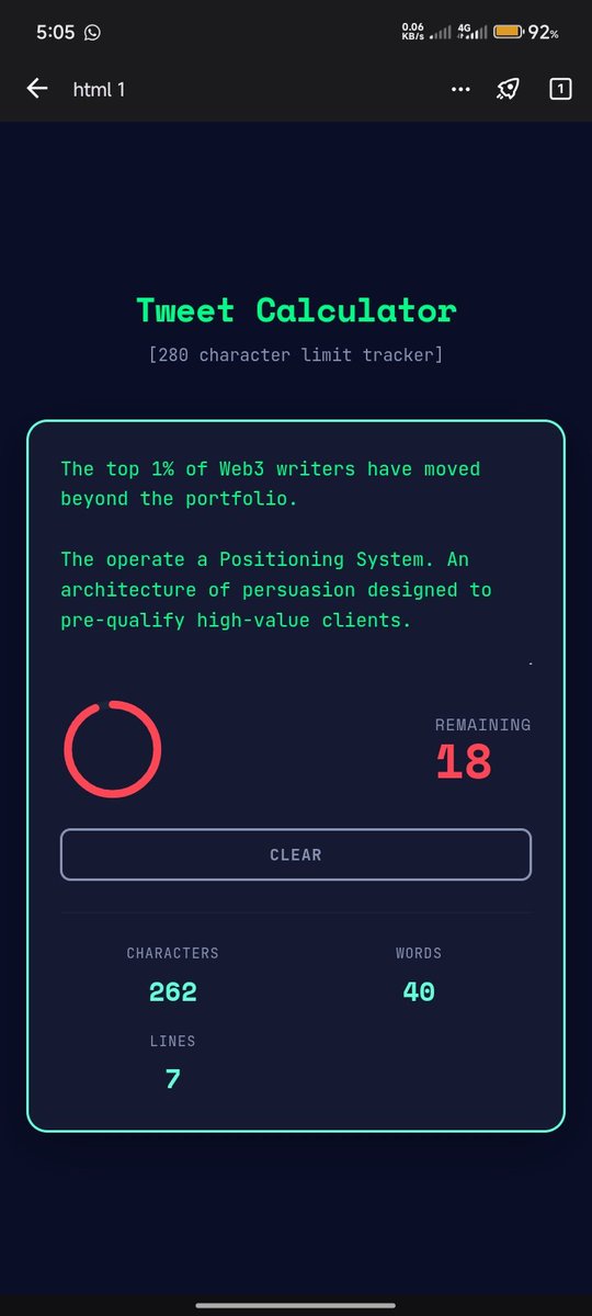 JechWeb3Dev's tweet image. Rules are not the enemy.
They are the catalyst.

Constraints force clarity.
Clarity creates value.

I built this simple tool with AI to make sure every character serves the reader.

Because value, delivered with precision, is everything