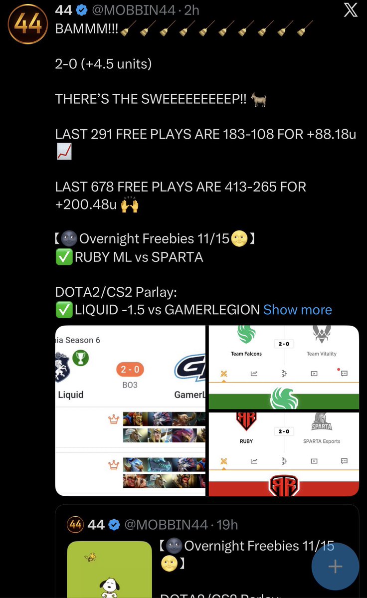MOBBIN44's tweet image. 💰LAST 678 FREE PLAYS💰

413-265 (61%) for +200.48 units📈

$1,000 bettor = +$200,480
$100 bettor = +$20,048
$50 bettor = +$10,024
$25 bettor = +$5,012

Much love to everyone tailing my Free Plays this year! 🖤

Let’s continue the feast🍽️
#44MOB
#GamblingX
oddsshopper.com/expert-picks/e…