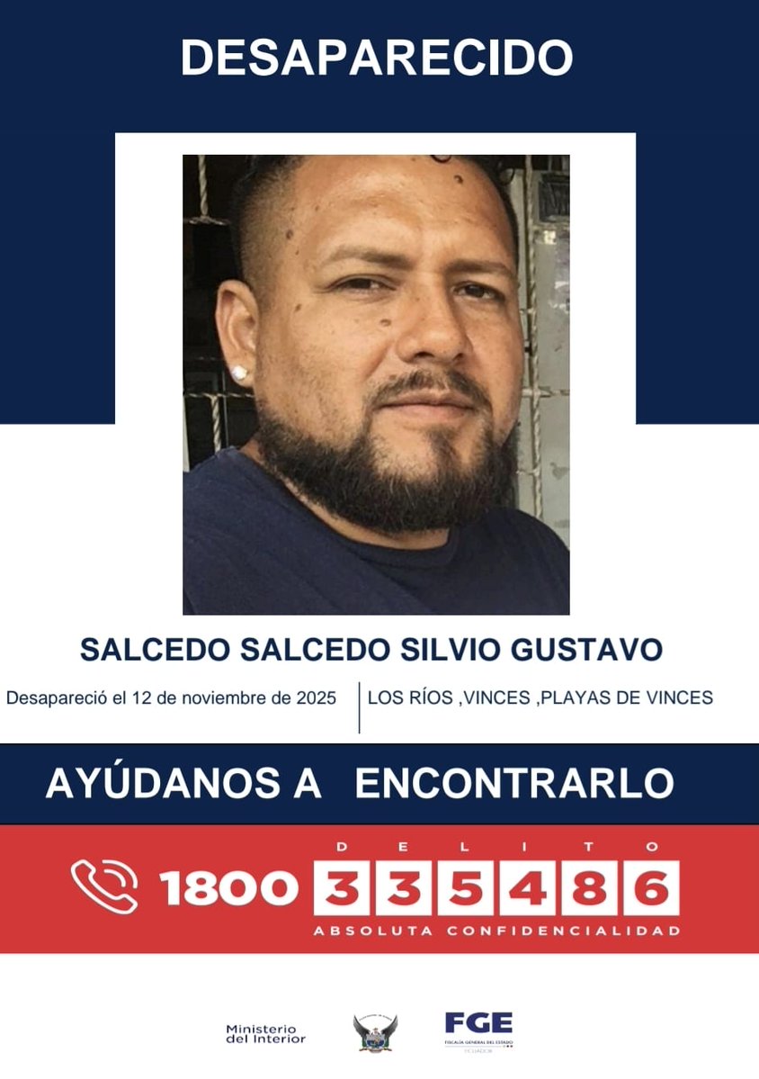 "Estoy escribiendo con el corazón hecho pedazos, en medio de una angustia que no me deja dormir ni pensar con claridad".  La familia de Silvio Gustavo Salcedo Salcedo lo busca con desesperación desde su desaparición el 12 de noviembre último en Vinces, #LosRíos.  Silvio tiene 36
