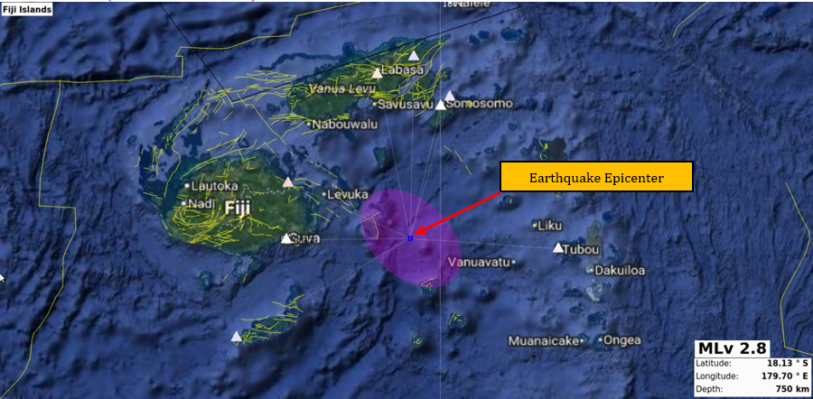 Earthquake Information bulletin issued.
Date: 16/11/2025
Time: 04:15:00 PM
Magnitude: 2.8
Depth: 750km
Location: 38 km W from Vadravadra, Gau Island
However, it does not pose any immediate tsunami threat to the Fiji region.