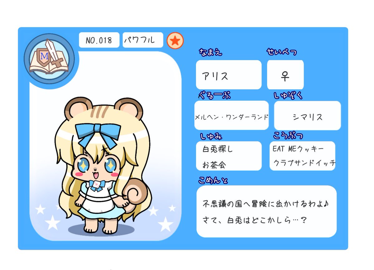 nui_nui_mituto's tweet image. #箱入りドールのヌイ子さん
 #ケモノ  #チビケモ  #ぬいぐるみ  #オリキャラ
シマリスぬいぐるみのアリス。
不思議の国のアリスに憧れていて、いつか自分も不思議の国へ迷い込むのが夢。
その為、いつもお茶会に遅刻しそうな白うさぎを探している。