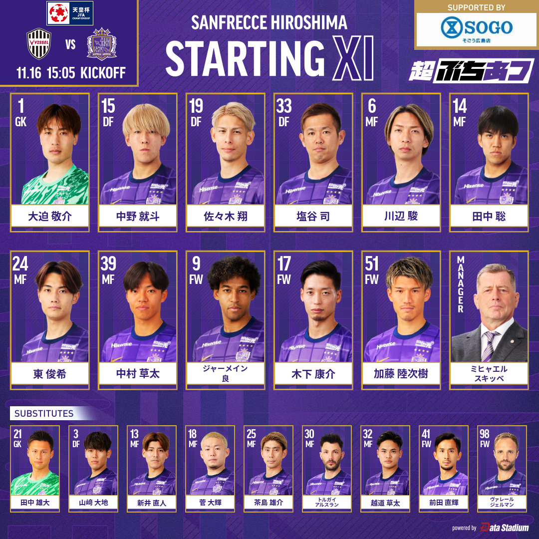 sanfrecce_SFC's tweet photo. 🟣𝐒𝐓𝐀𝐑𝐓𝐈𝐍𝐆 𝐗𝐈🟣
本日のスターティングイレブン🏹🏹🏹

🆚ヴィッセル神戸
🕑15:05キックオフ

#sanfrecce #超ぶちあつ #天皇杯 #神戸広島 https://t.co/3IsUrABM7p
