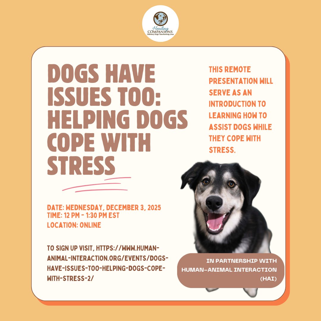 PSDHealingDogs's tweet photo. Don’t miss Jane Miller’s Dec 3rd remote presentation with the Human-Animal Interaction (HAI) organization!
Discover evidence-based strategies to help dogs manage stress.

Register: https://t.co/ayFfweId14

#HealingCompanions #ServiceDogs #TherapyPets #EmotionalSupportDogs https://t.co/EbH26kF4ND