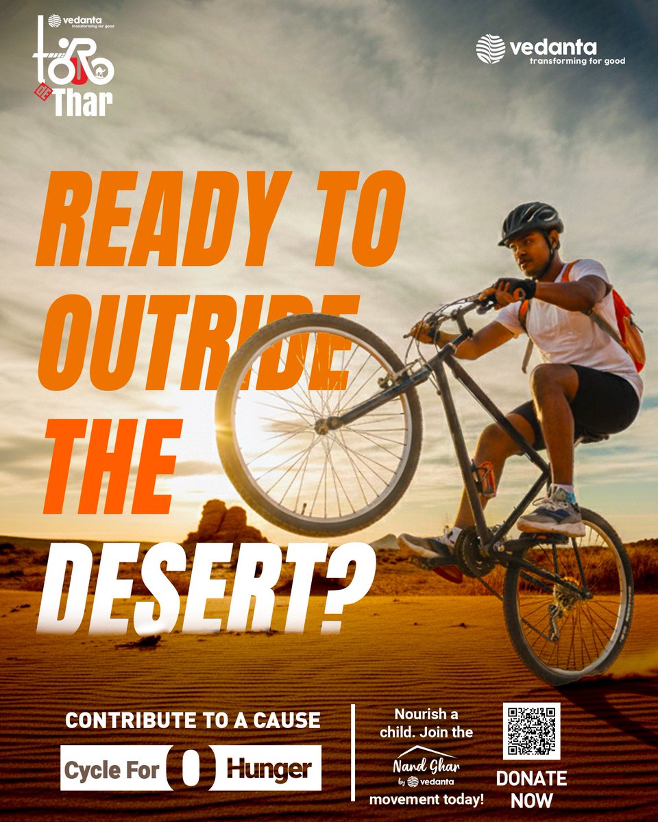 Vedanta_Group's tweet photo. The desert is calling. And this time, it’s a revolution on wheels. 🚴♂
Vedanta Tour-de-Thar is gearing up for its grand debut, a high-adrenaline cycling race carved through Rajasthan’s iconic dunes. And with #CycleForZeroHunger, every push of the pedal becomes a promise of nourishment for those who need it most.
Support the cause, donate now: https://t.co/cyk2xMFsBI
#TourDeThar #Vedanta #TransformingForGood #CyclingIndia