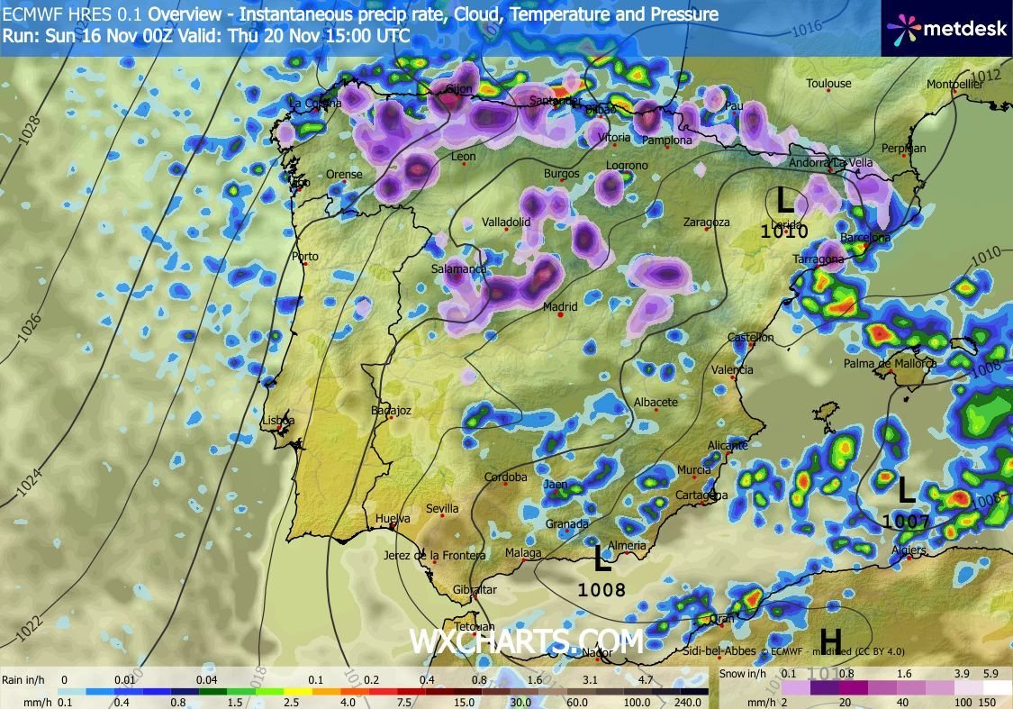 Sortida 00Z del model ECMWF HRES 0.1º a wxcharts.com a + 111 h =&gt; per a dijous 20/11/25 
#neu #nevada al #CampdeTarragona ??? 
#previsio #meteo #precipitacions #fred