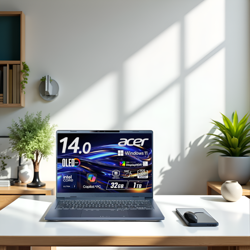 AcerJapan's tweet photo. 23.5時間駆動 × Core Ultra 9 × OLED。
1.24kgの薄型ボディに、このパワー。
Swift Go 14 AI、フラッグシップの完成形。

毎日を少し贅沢に。

＃Acer #Inel #SwiftGo14AI