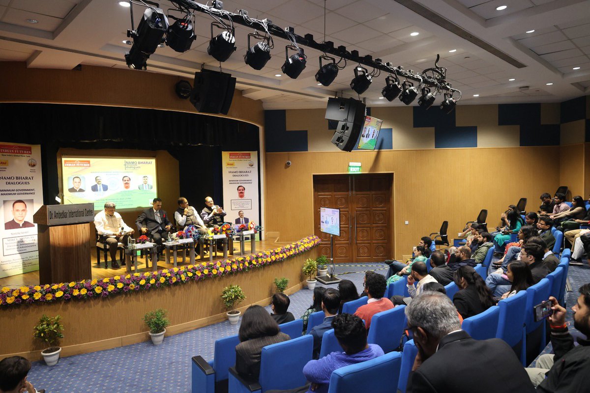 A glimpse of our #NamoBharatDialogues on ‘Minimum Government, Maximum Governance’ with Shri <a href="/svoruganti1466/">V.Srinivas IAS</a> as Keynote Speaker &amp; Shri Rajesh Sinha &amp; Shri Satyajit Mohanty &amp; introduction by Shri Akash Patil held yesterday at Dr Ambedkar International Centre, Janpath👇🏻