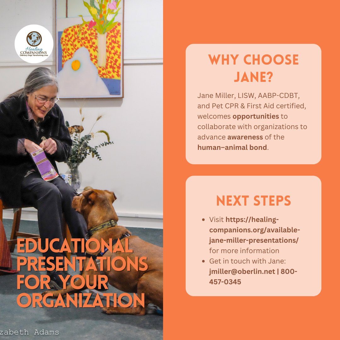 PSDHealingDogs's tweet photo. Looking for professional training or education for your team?

Jane Miller provides dynamic presentations on canine stress and practical tools to help dogs thrive.

Contact Jane today: jmiller@oberlin.net; 800-457-0345

#HealingCompanions #ServiceDogs #TherapyPets https://t.co/4OrtLysiAT