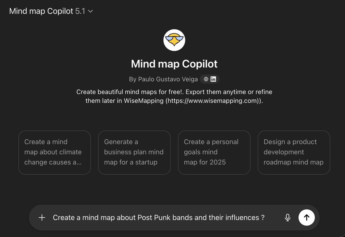 WiseMapping is now on the GPT Store (chatgpt.com/g/g-6908d77ed7…).  Type your idea → get a mind map. That simple.   #GPTStore #AI