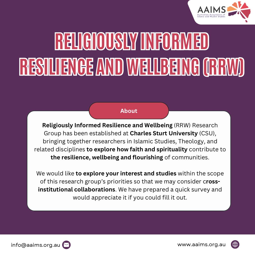 aaimsau's tweet photo. Religiously Informed Resilience and Wellbeing (RRW) Research Group has been established at Charles Sturt University (CSU).
 
Here is the quick survey and the QR code is also attached. https://t.co/dwHfToImFt https://t.co/3PTGKSzBee