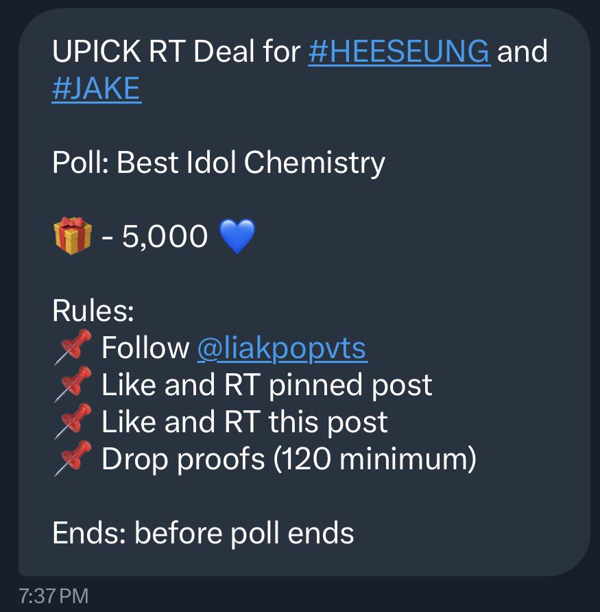 UPICK RT Deal for #HEESEUNG and #JAKE

Poll: Best Idol Chemistry

🎁 - 5,000 💙

Rules:
📌 Follow <a href="/liakpopvts/">LIA wts KPOP VOTES || low prices!</a>
📌 Like and RT pinned post
📌 Like and RT this post
📌 Drop proofs (120 minimum)

Ends: before poll ends