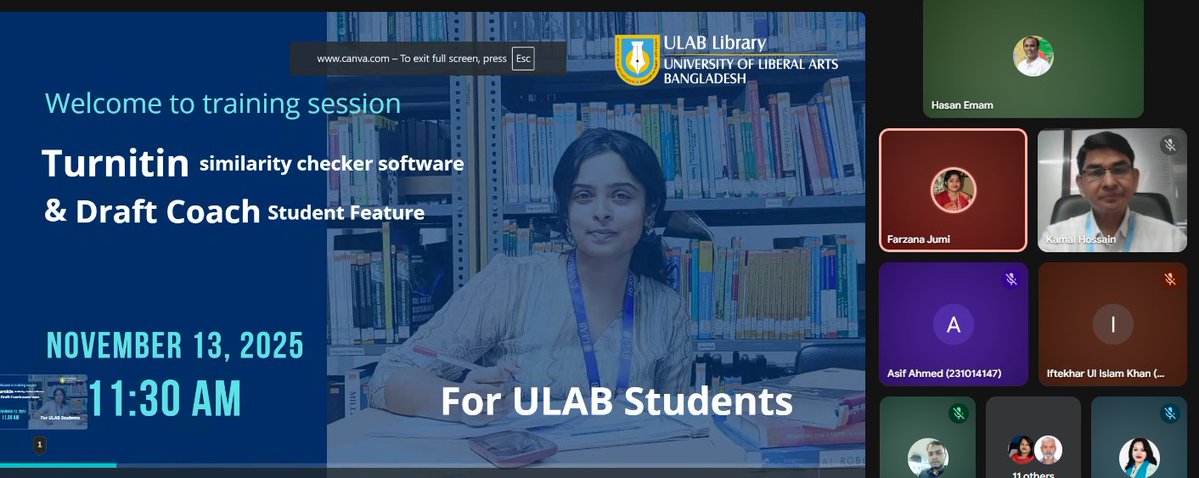 LibraryULAB's tweet image. ULAB Library organized a training on Turnitin and Turnitin Draft Coach on Thursday, 13 November 2025 for ULAB Students. The training was conducted by Joint Librarian, K.M. Hasan Emam, through Google Meet.