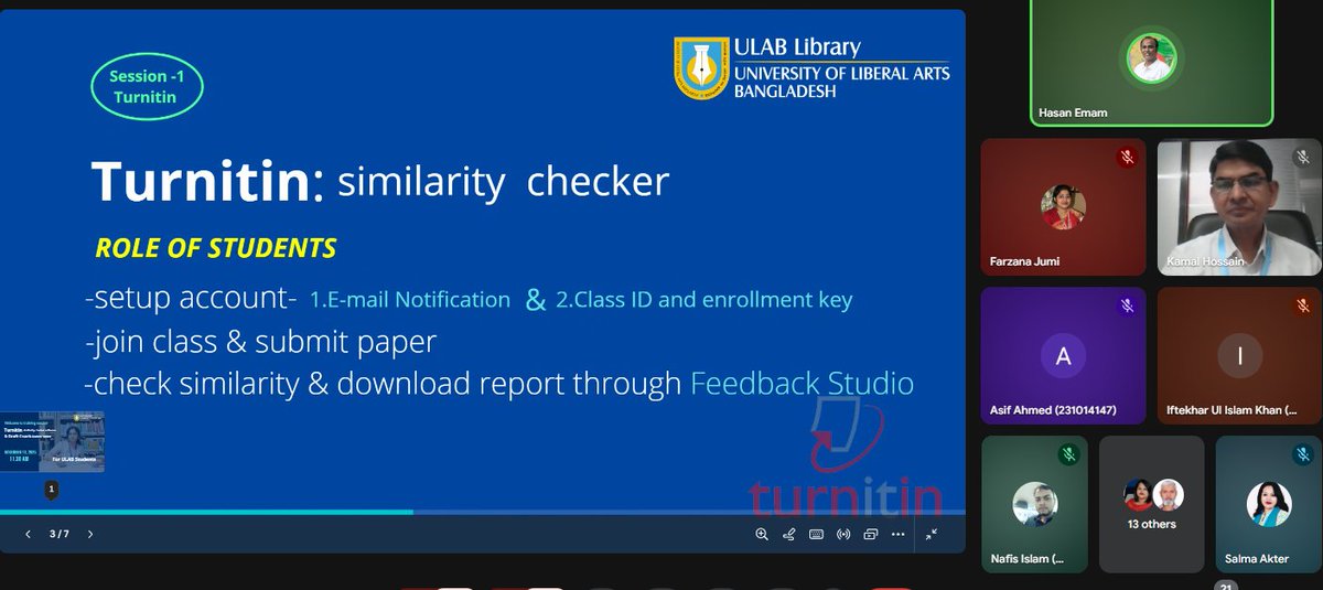 LibraryULAB's tweet image. ULAB Library organized a training on Turnitin and Turnitin Draft Coach on Thursday, 13 November 2025 for ULAB Students. The training was conducted by Joint Librarian, K.M. Hasan Emam, through Google Meet.