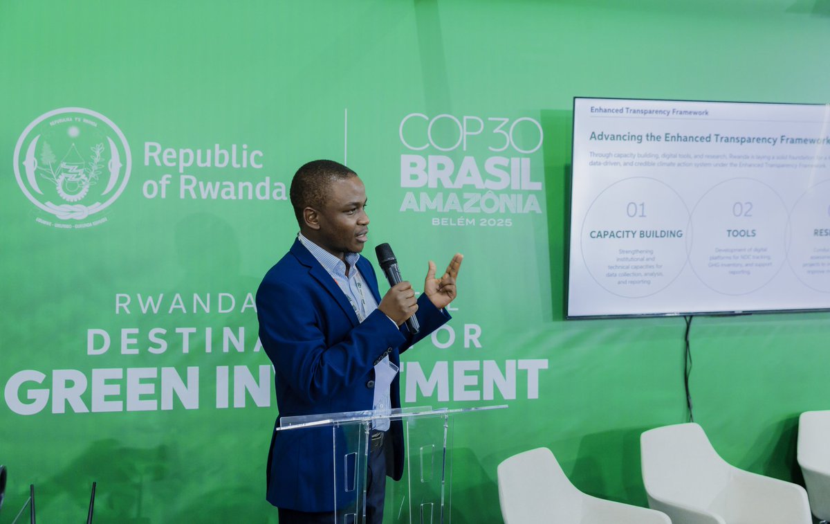 REMA_Rwanda's tweet photo. At #COP30, Rwanda showcased major progress in climate transparency, highlighting key achievements in enhancing transparency, presenting NDC tracking results, and introducing tools that strengthen the implementation of Measurement, Reporting and Verification (MRV).

#ClimateAction https://t.co/2Q7n40wizT