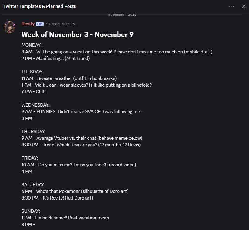 Revi before vacation: I'll write all of these Tweet drafts so I'll always have something to post while I'm away!

Revi after vacation, having posted NONE of the planned Tweets: erm