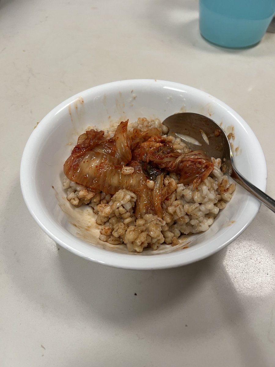 Steamed Korean whole barley, kimchi, red miso. Midnight snack of champions.
