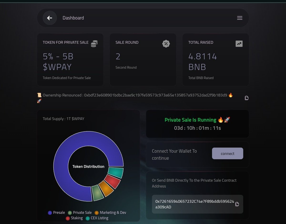 Wilder_Pay's tweet photo. Private sale will end in 3 days 🚀 Currently with a total Raised of 4,8114 BNB 🔥 https://t.co/Ia7JF0U6Dg