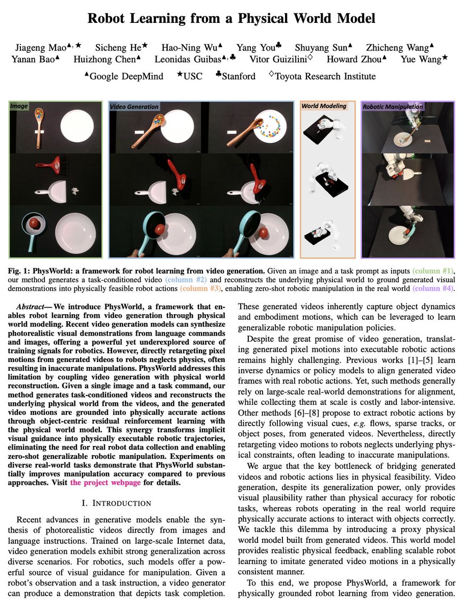WesRothMoney's tweet image. PhysWorld is a new robot learning framework that connects video generation with physical world modeling. 

By taking just one image and a task prompt, it generates a task-specific video and reconstructs a 3D scene with realistic physics. 

Then, using object-centric reinforcement…