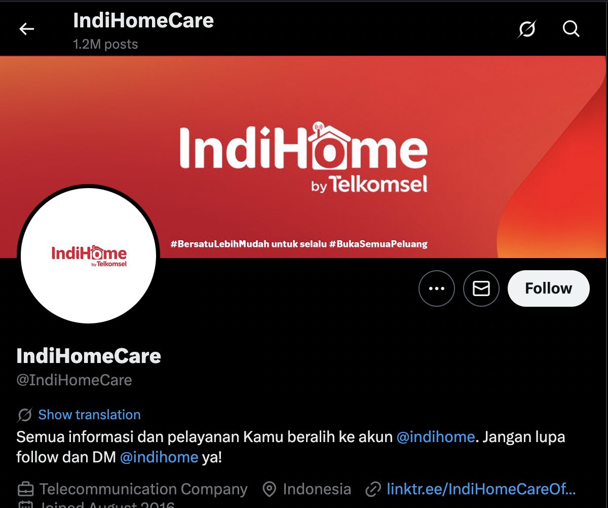 Ini gimana sih, DM <a href="/IndiHome/">IndiHome</a> dibalasnya suruh DM <a href="/IndiHomeCare/">IndiHomeCare</a>. DM <a href="/IndiHomeCare/">IndiHomeCare</a> ga dibaca dan balasannya sama melulu. Kalau lihat bio <a href="/IndiHomeCare/">IndiHomeCare</a> katanya suruh ke <a href="/IndiHome/">IndiHome</a>.