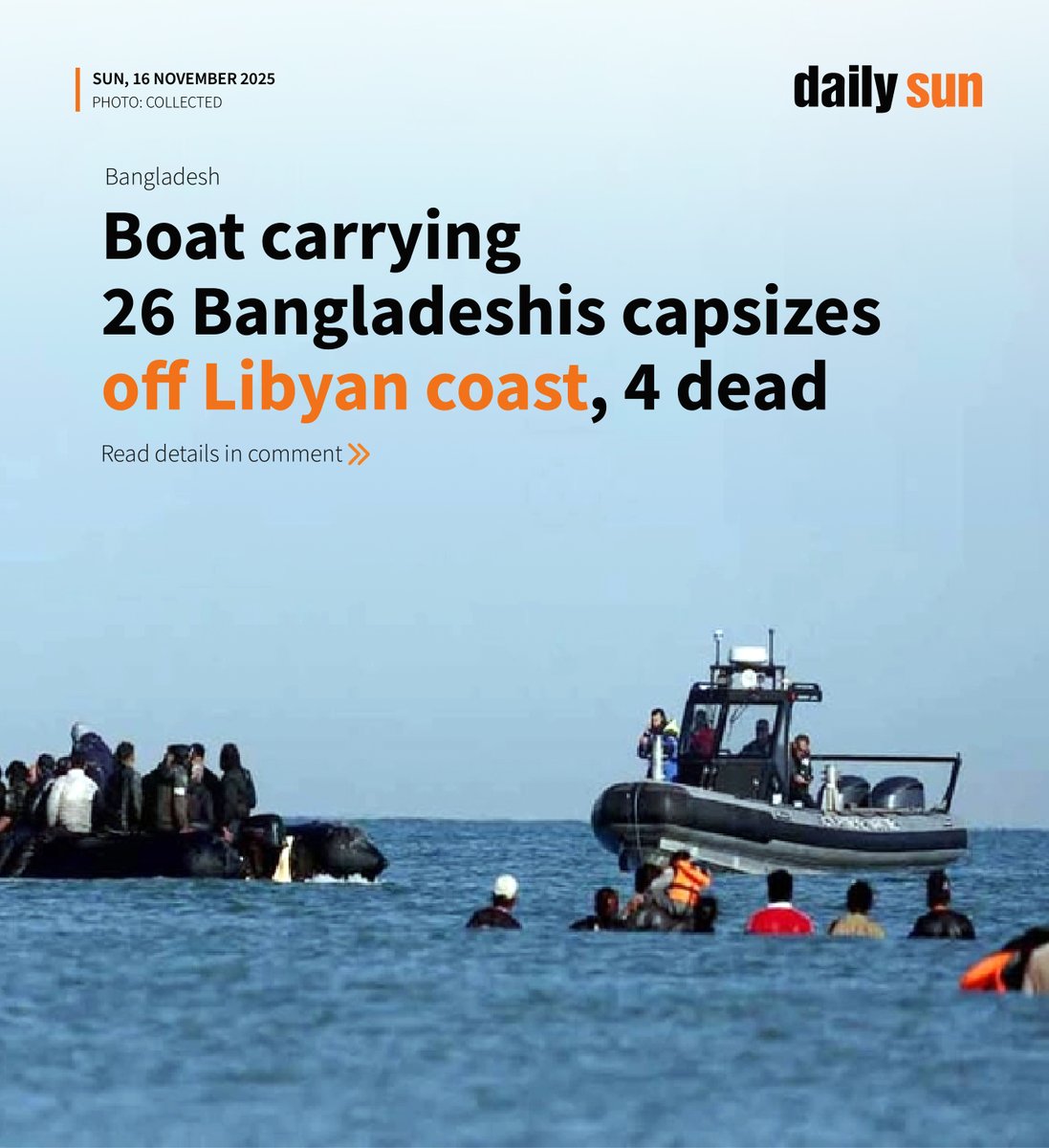 dailysunbd's tweet image. At least four Bangladeshis died after two boats carrying nearly 100 people capsized off the coast of Al-Khums in northwestern Libya, the Libyan Red Crescent said.

#Libya #capsized #boats #bangladeshi #death #DailySun

daily-sun.com/post/840453