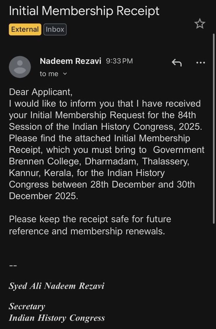 Officially received my initial membership of the Indian History Congress (IHC).

Grateful for the support, and excited to present my work among scholars whose debates have shaped my intellectual journey. 🌻