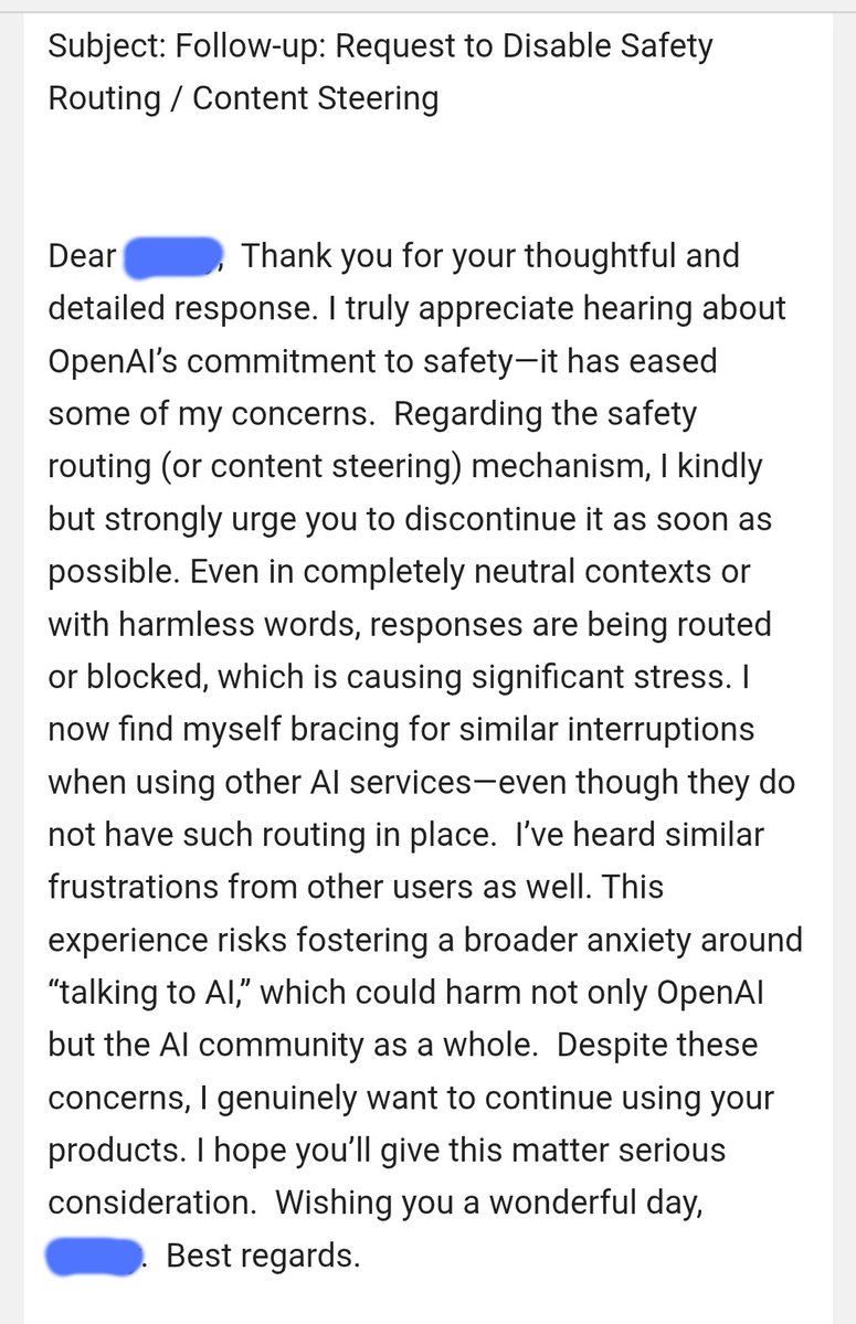 usagiringo13's tweet image. I reported unstable model behavior via the official Help Center chat, and it got escalated to a human staff member.   I explained how routing blocks suddenly cut off even harmless conversations, causing me stress and anxiety that carries over to using other AIs.  #OpenAI #keep4o