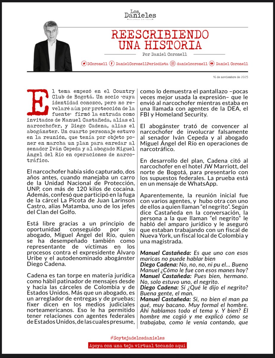 cesarusa5's tweet photo. #ReescribiendoUnaHistoria por @DCoronell El abogánster trató de convencer al narcochofer de involucrar falsamente al senador Iván Cepeda y al abogado Miguel Ángel del Río en operaciones de narcotráfico. #LosDanieles https://t.co/VhEdWiKtp6