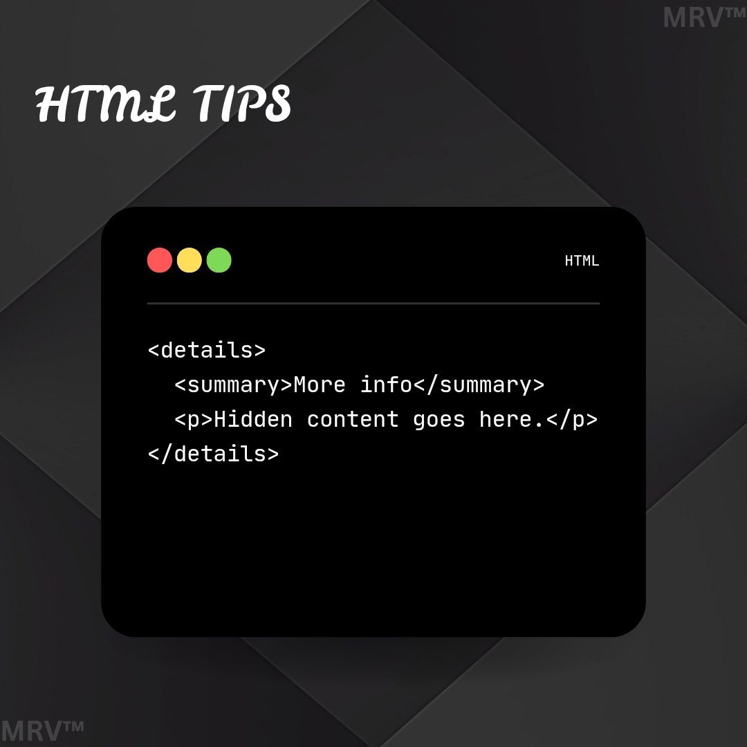MarvaOnX's tweet image. Did you know? 
&amp;lt;details&amp;gt; lets you create clickable “show/hide” sections without JavaScript.

It&apos;s perfect for FAQs, menus, or hidden content.

#WebDevelopment #html5