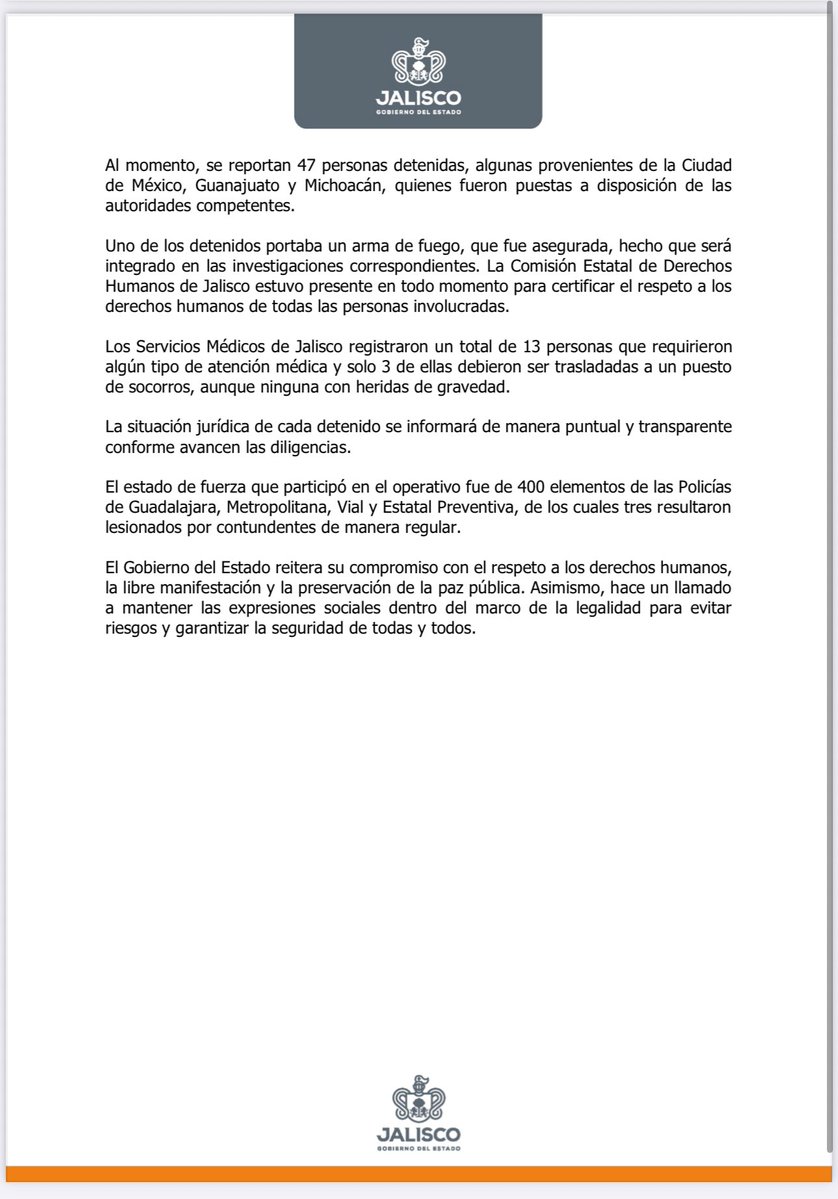 El Gobierno de Jalisco informa que se hicieron 47 detenciones tras los disturbios en el Centro de #GDL. Se aseguraron bombas molotov, petardos y un arma de fuego. La CEDHJ acompañó el traslado de las personas arrestadas. Se atendieron 13 incidencias médicas, ninguna grave.