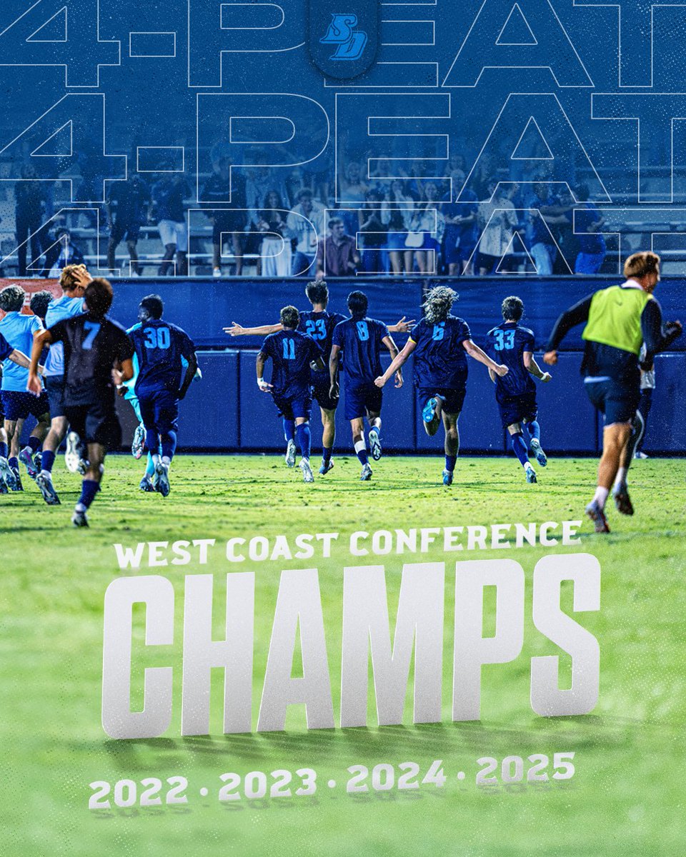 HISTORY! 🏆🏆🏆🏆

<a href="/USDmsoccer/">San Diego Men's Soccer</a> becomes the first <a href="/WCCsports/">West Coast Conference</a> men's soccer team to win four consecutive conference titles! 

#GoToreros
