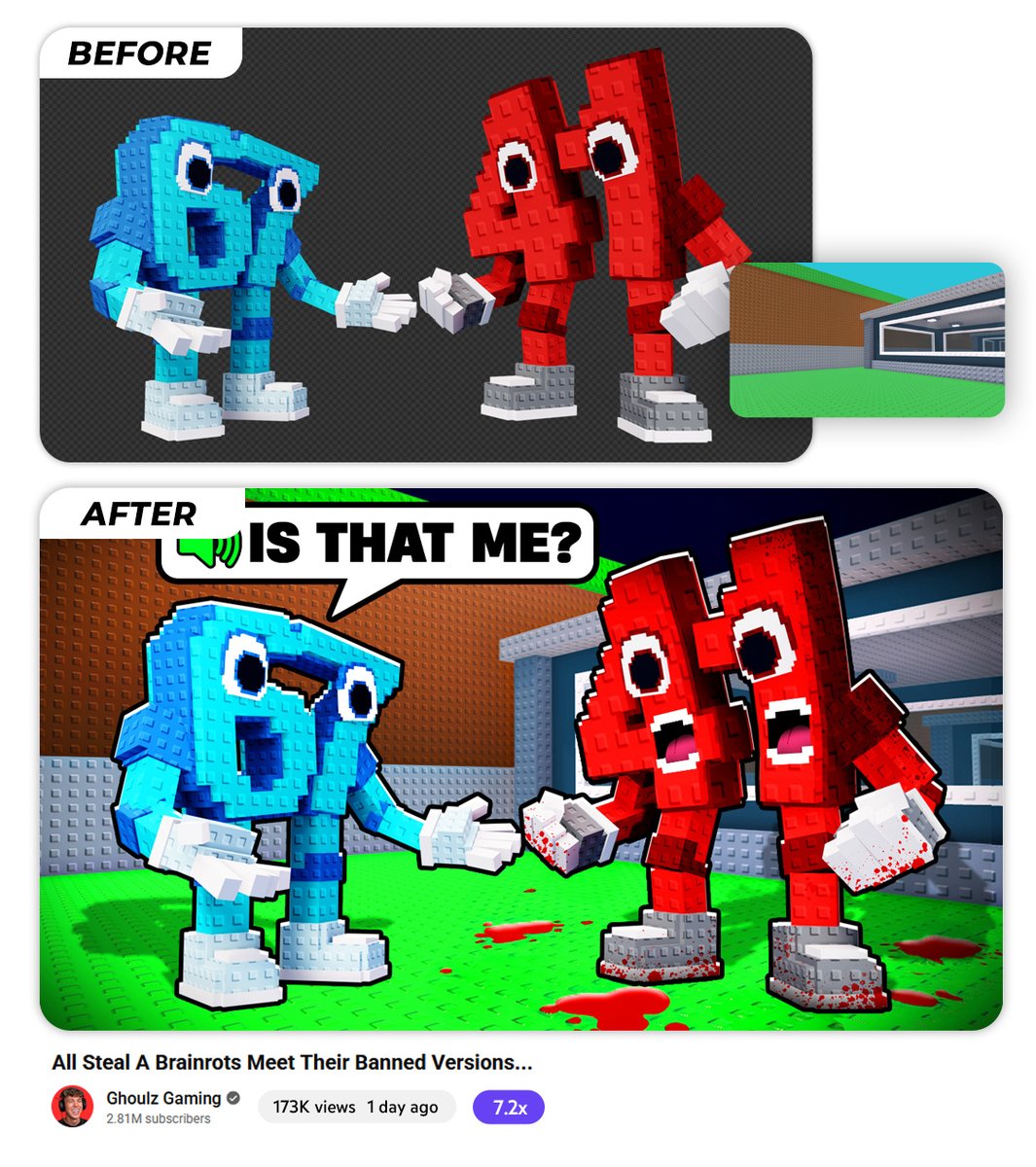 easkateconcepts's tweet image. &quot;All Steal A Brainrots Meet Their Banned Versions...&quot;

Outlier Thumbnail for @GhoulzOfficial!💪 

before &amp;amp; after (custom &apos;41&apos; brainrot model made by me)

having a 3d artist working on your content may be cheating