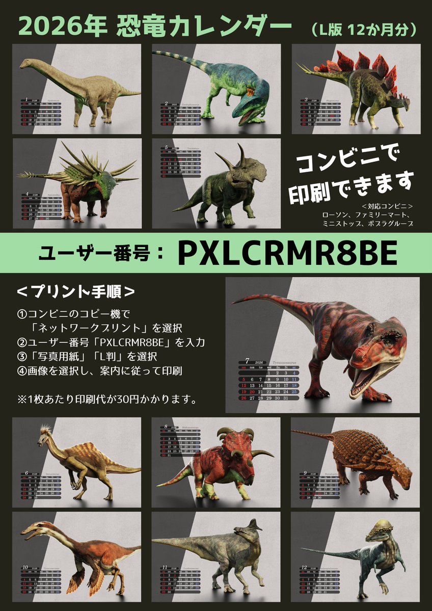 k_fujimiya's tweet image. お待たせしました！！
毎年恒例、コンビニで印刷できる写真サイズの『2026年 恐竜カレンダー』完成です！！

ローソンやファミマ等で1枚30円で印刷できます🦖
ぜひお部屋や職場に飾ってください📷

番号：PXLCRMR8BE

#拡散希望   #ネップリ #恐竜 #恐竜グッズ #カレンダー #カレンダー2026