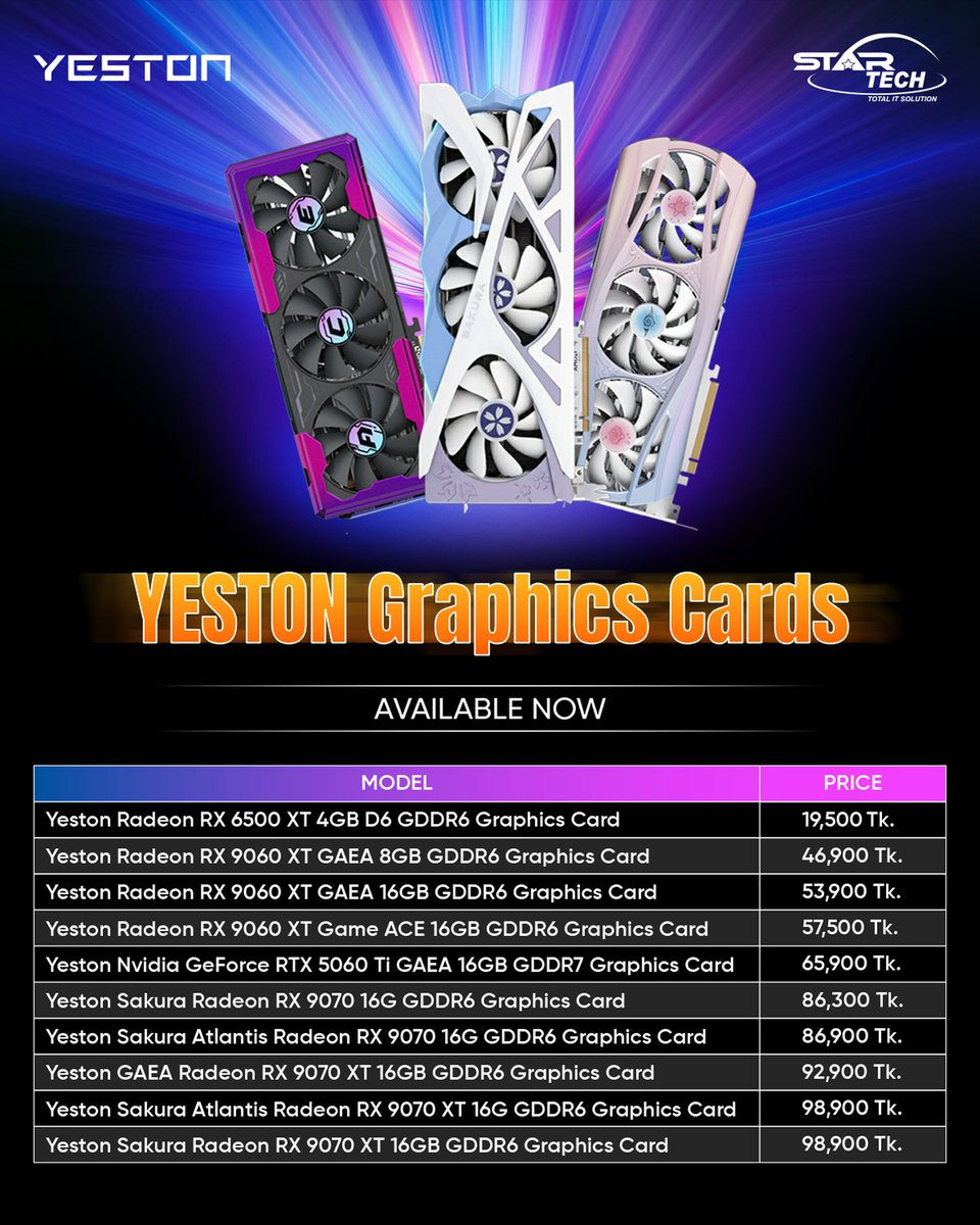 startechbd's tweet image. Unleash Vibrant Gaming Power with Yeston Graphics Cards! 🔥

Stand out from the crowd and elevate your gameplay with Yeston’s unique blend of stunning design and powerful performance — now available at Star Tech! 🚀🎮

📌 Get Yours Now – startech.com.bd/yeston-graphic…

#Yeston #Yeston