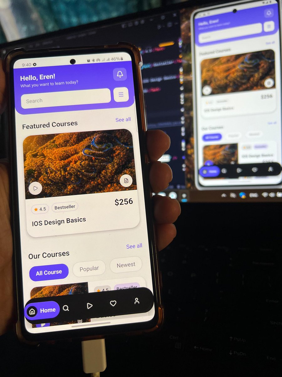 erencodes's tweet image. I found this UI then built it using react native,  bottom tabs came out nicely