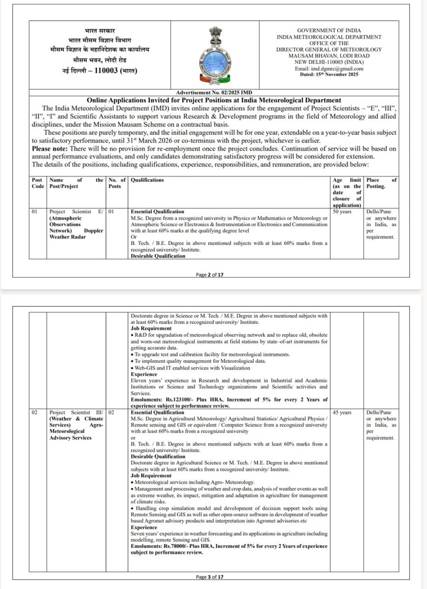 h_pongilath's tweet image. India Meteorological Dept: Recruitment of Project Staff
1.The #Online registration for the posts in #IMD will commence from 24th Nov 2025, &amp;amp; the application link will be shared in due course.
2. Advertisement for recruitment of #ProjectStaff is attached below  👇