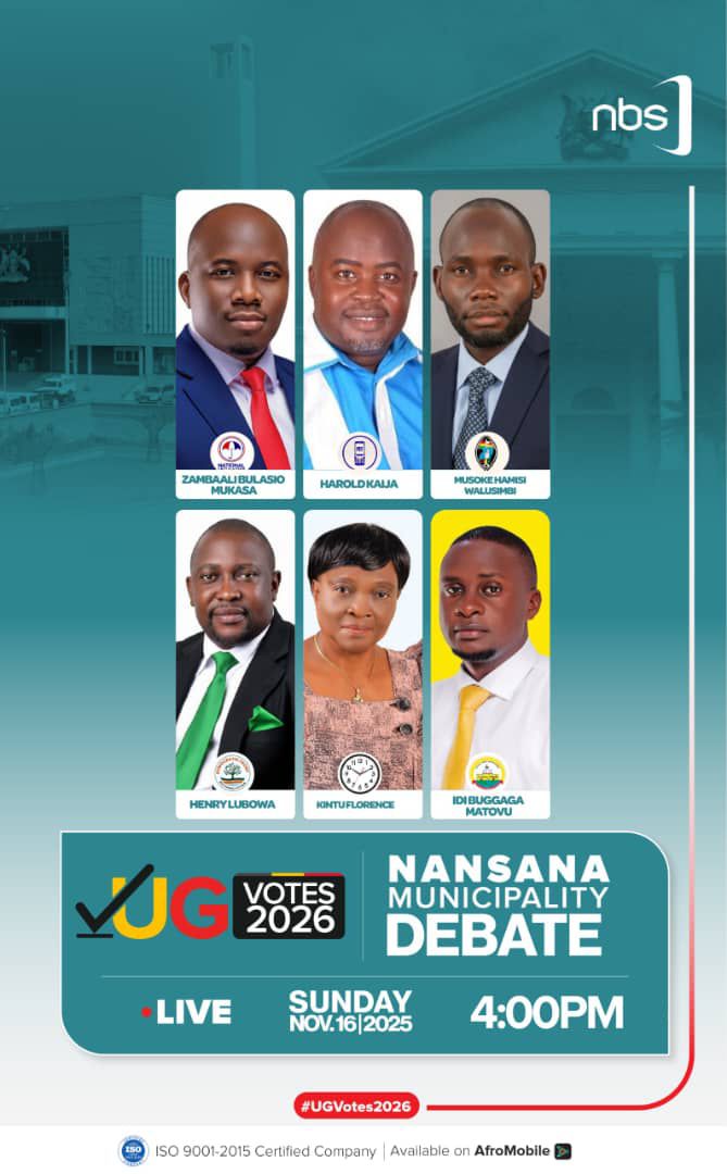 Today's late afternoon <a href="/nbstv/">NBS Television</a>  &amp; <a href="/afromobileug/">AfroMobile</a> brings u a "Nansana Municipality Debate" live. Watch <a href="/ZambaaliBulasio/">Zambaali Bulasio Mukasa</a> <a href="/kaijaharold/">Harold Kaija Official</a> <a href="/HenryLubowa1/">Henry Lubowa</a>,Musoke Hamisi,Iddi Muggaga &amp; Florence arguing about their strive at 4pm.

#UgVotes2026 
#NBSUpdates